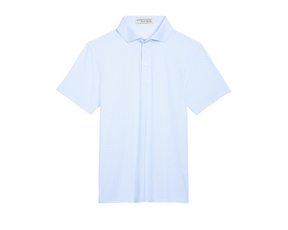The Atwood Boys Shirt: Harbor, a light-blue polo with a subtle micro-pattern, features a classic collar, three-button placket, and performance fabric for active comfort.