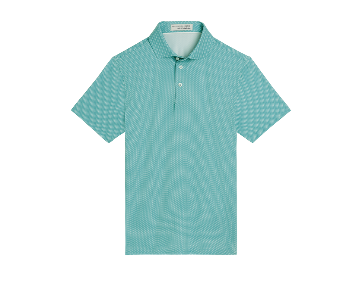 The Hicks Boys Shirt: Harbor, a short-sleeve polo with a subtle geometric pattern, features a classic collar and two-button placket for a polished golf-ready look.