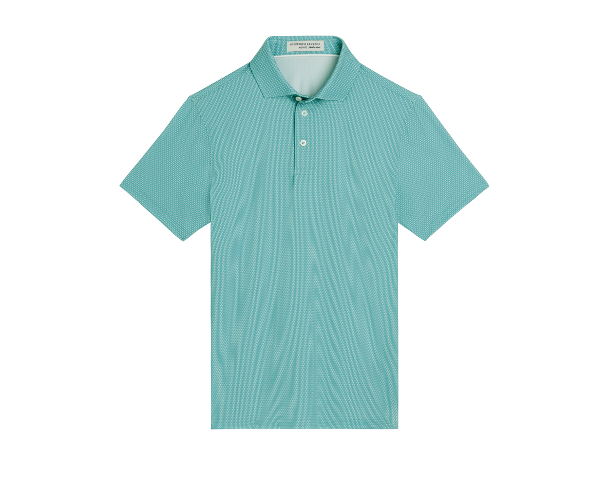 The Hicks Boys Shirt: Harbor, a short-sleeve polo with a subtle geometric pattern, features a classic collar and two-button placket for a polished golf-ready look.