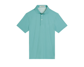 The Hicks Boys Shirt: Harbor, a short-sleeve polo with a subtle geometric pattern, features a classic collar and two-button placket for a polished golf-ready look.