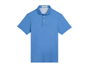 The Hicks Boys Shirt: Horizon Blue, a sky-blue, short-sleeve polo with a textured pattern, three-button placket, offering moisture-wicking and UPF 50+ protection.