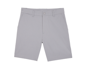 The Harwood Boys Short: Gray, knee-length with button-zip front, belt loops, slanted side pockets. Designed for comfort with performance fabric and non-slip waistband.