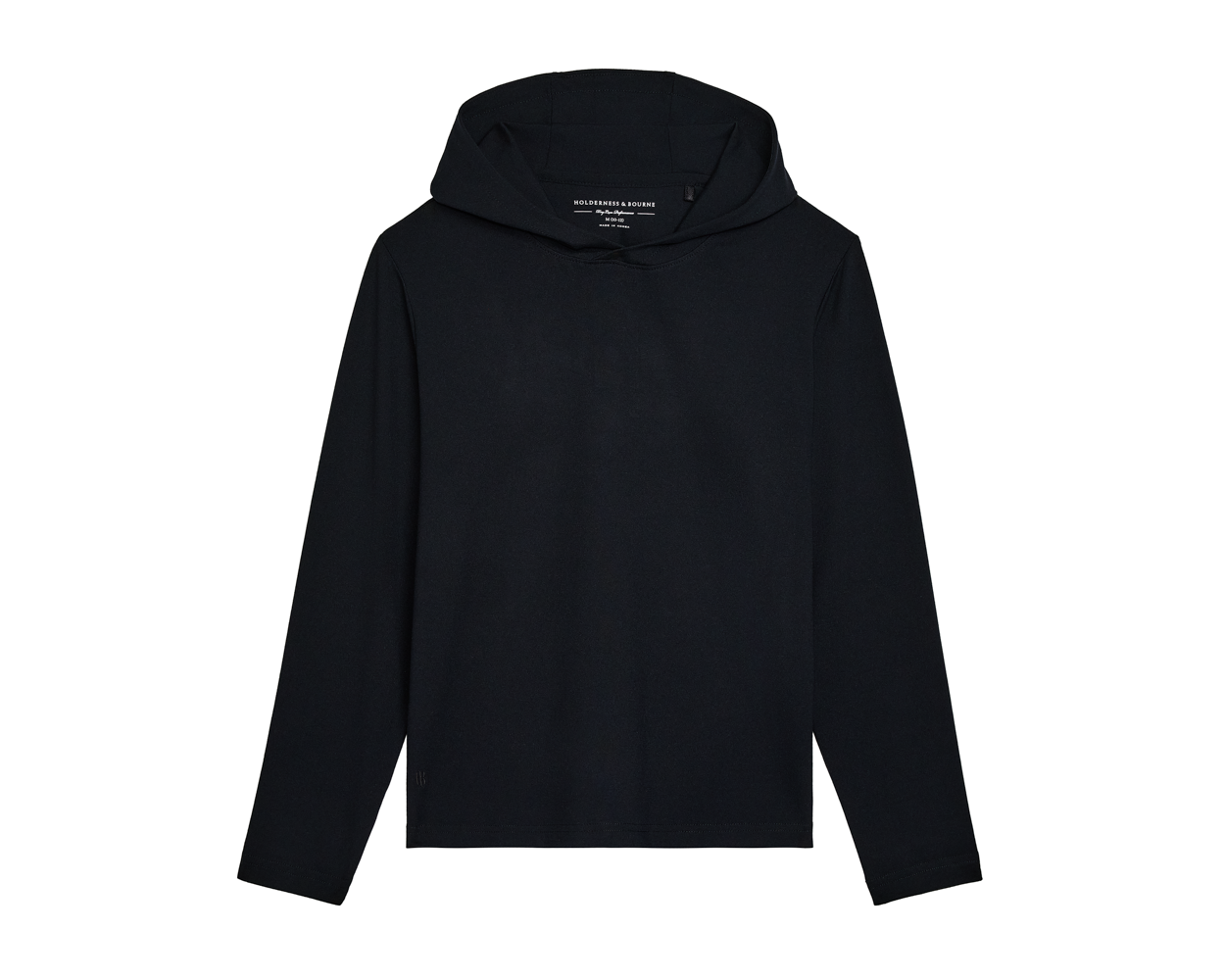 The Jackson Boys Hoodie: Black, a plain, lightweight pullover with UPF 50+ protection, featuring a streamlined design without pockets or drawstrings, laid flat.