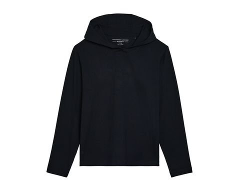 The Jackson Boys Hoodie: Black, a plain, lightweight pullover with UPF 50+ protection, featuring a streamlined design without pockets or drawstrings, laid flat.