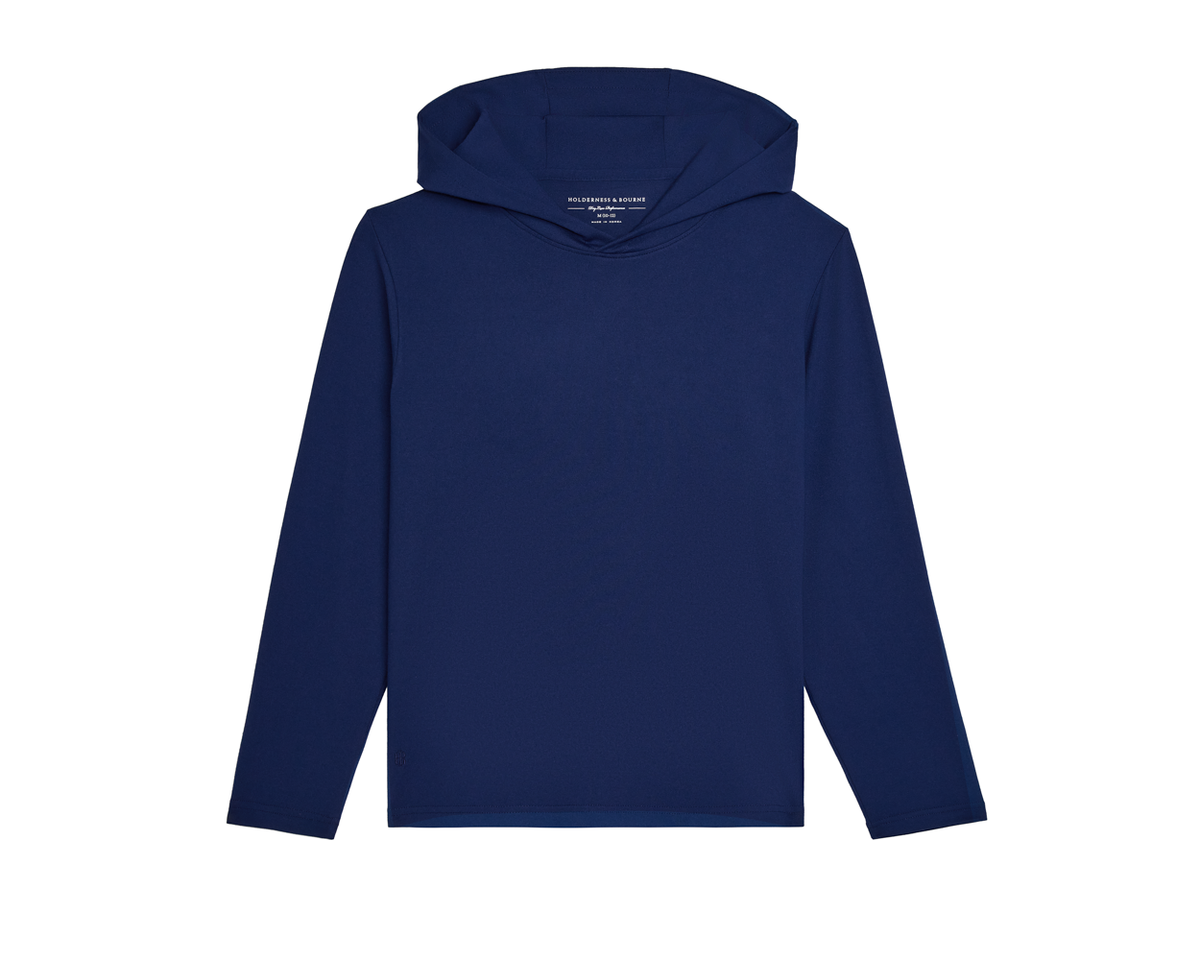 The Jackson Boys Hoodie: Navy, a plain, lightweight, long-sleeve performance hoodie with no pockets or drawstrings, offering UPF 50+ protection and minimal inside collar branding.