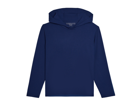 The Jackson Boys Hoodie: Navy, a plain, lightweight, long-sleeve performance hoodie with no pockets or drawstrings, offering UPF 50+ protection and minimal inside collar branding.