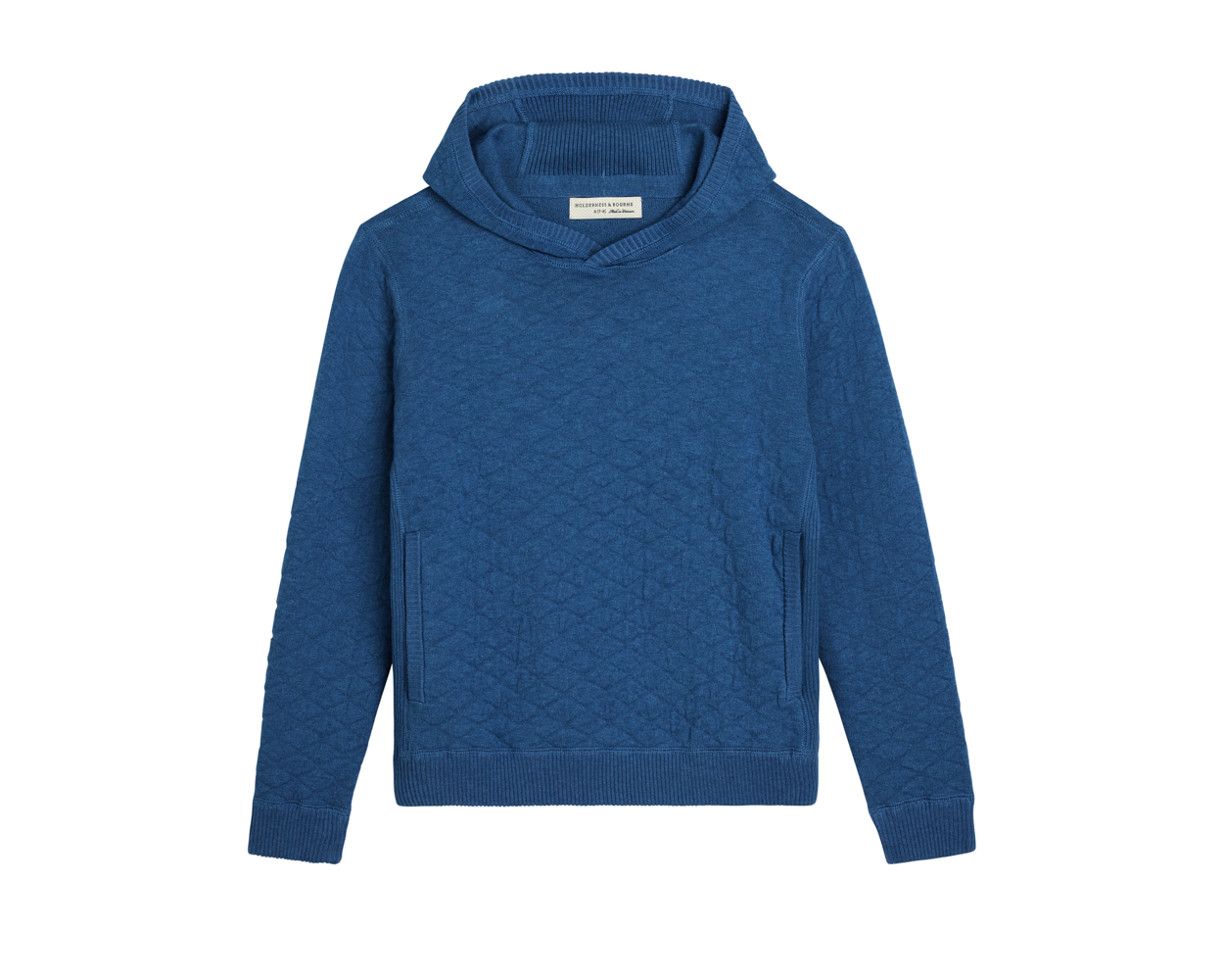 The Wallace Boys Hoodie Sweater: Heathered Maidstone Blue, features a quilted texture, ribbed cuffs and hem, and a hood, crafted from 100% Egyptian cotton.