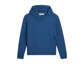 The Wallace Boys Hoodie Sweater: Heathered Maidstone Blue, features a quilted texture, ribbed cuffs and hem, and a hood, crafted from 100% Egyptian cotton.