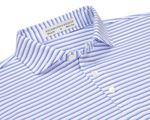Folded Holderness and Bourne white polo shirt with blue stripes.