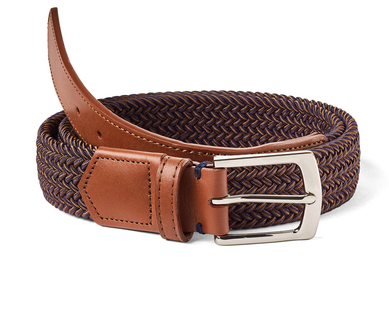 The Fischer Belt: Navy & Whiskey Microstripe- Whiskey Leather