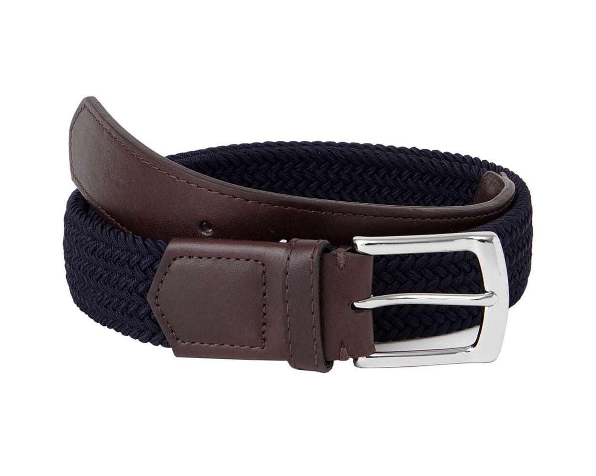 Holderness and Bourne woven navy belt with brown leather detailing and silver buckle.