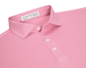 The Perkins Shirt: Belmont & White features a pink and white micro-stripe, point collar, three-button placket, and a label “Holderness & Bourne – Signature Fit.”
