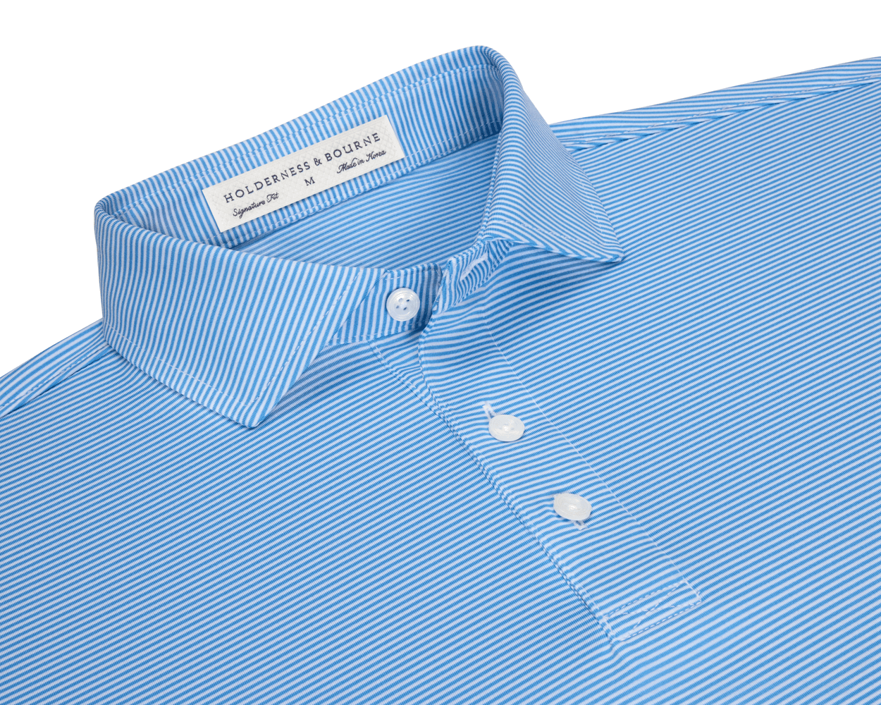 The Perkins Shirt: Horizon Blue & White features fine pin-stripes, a point collar, three-button placket, and a woven label inside, offering style and performance.