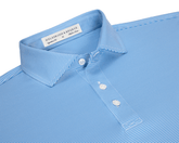 The Perkins Shirt: Horizon Blue & White features fine pin-stripes, a point collar, three-button placket, and a woven label inside, offering style and performance.