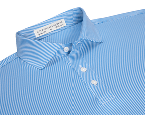 The Perkins Shirt: Horizon Blue & White features fine pin-stripes, a point collar, three-button placket, and a woven label inside, offering style and performance.
