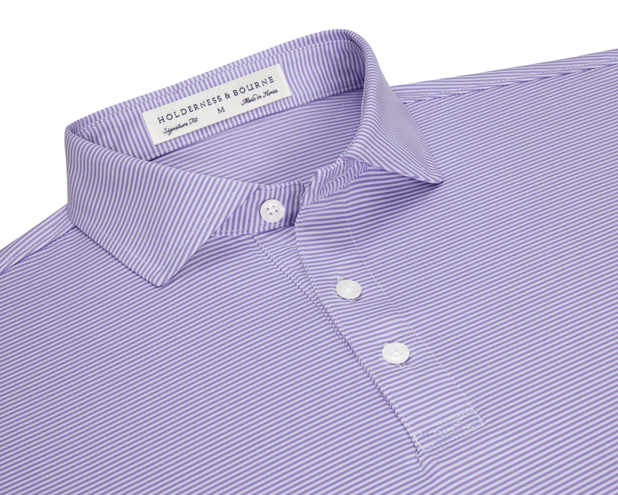 The Perkins Shirt: Tudor & White, a striped polo with a structured collar, three-button placket, and embroidered label, offers performance fabric with four-way stretch.