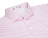 The Atwood Shirt: Belmont features a light pink, patterned polo with a spread collar, three white buttons, and a small graphic motif, perfect for versatile wear.