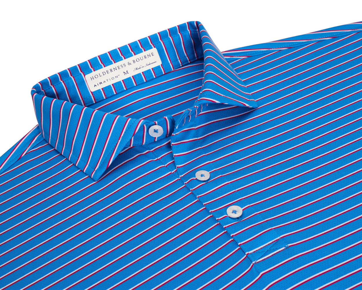 The Springer Shirt: Horizon Blue/White/Cabernet, featuring a breathable AIRATION® fabric, short sleeves, fold-over collar, and narrow stripes, designed for peak performance and comfort.