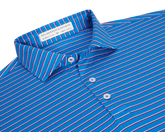 The Springer Shirt: Horizon Blue/White/Cabernet, featuring a breathable AIRATION® fabric, short sleeves, fold-over collar, and narrow stripes, designed for peak performance and comfort.