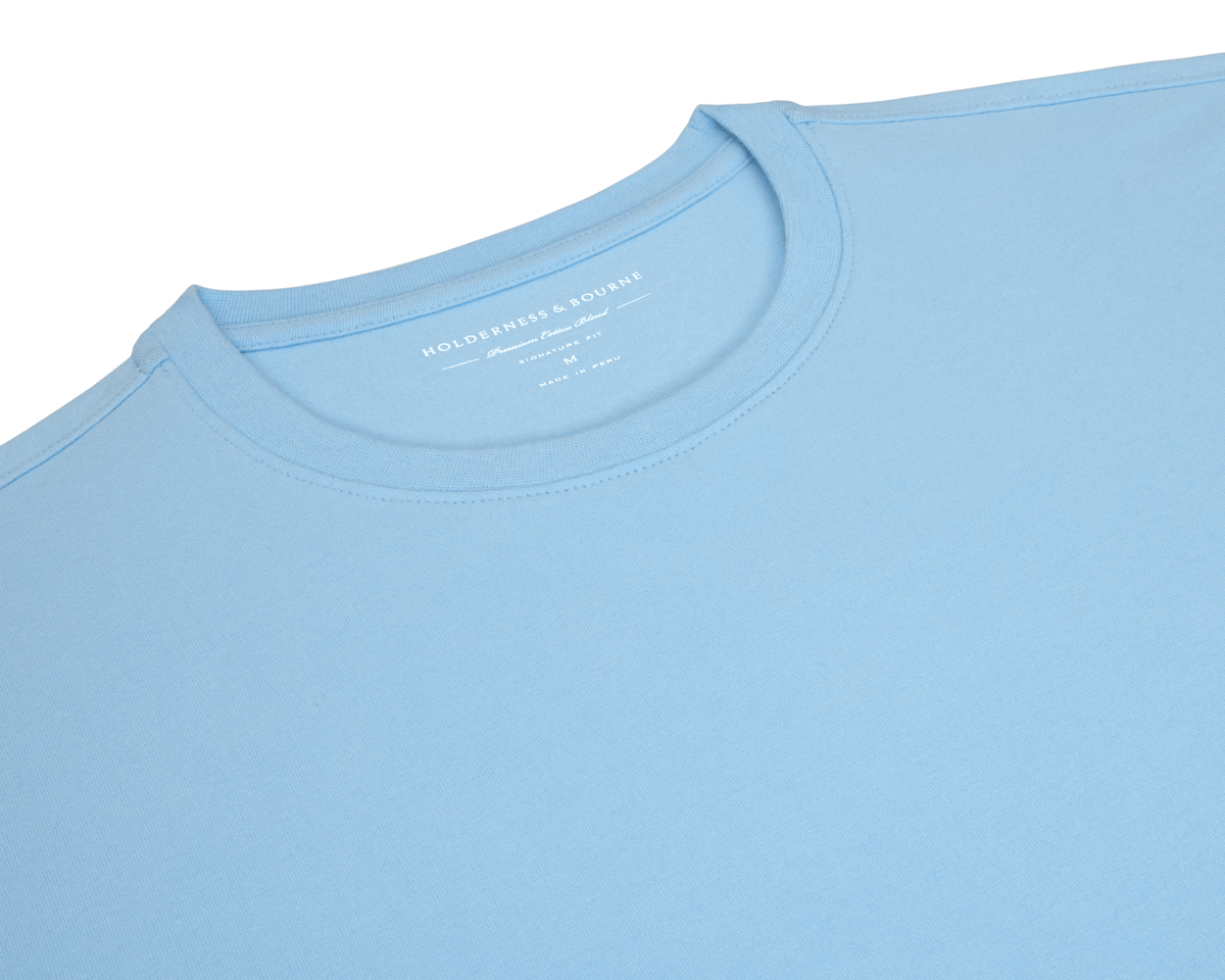 The Mason T-Shirt: Vista Blue, light-blue crew-neck featuring Holderness & Bourne branding, crafted from a premium Peruvian pima cotton blend for comfort and durability.