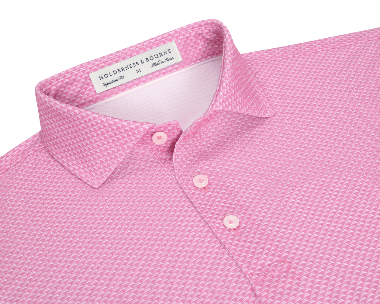 The Eaton Shirt: Belmont, featuring a textured wave pattern, spread collar, and three-button placket, offers moisture-wicking comfort and sun protection.