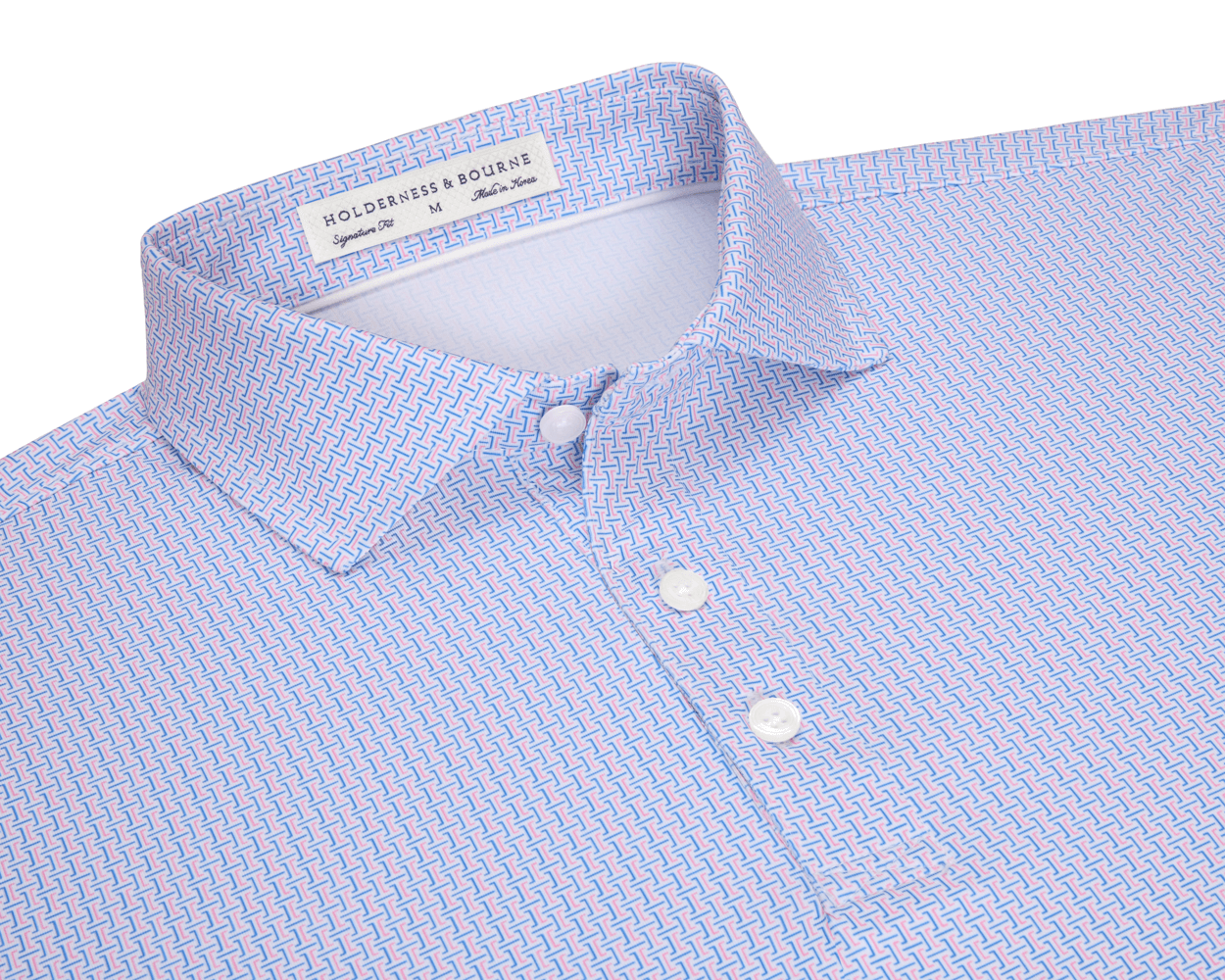 The Norwood Shirt: Belmont & Horizon Blue, featuring a geometric pattern, classic collar, and three-button front, designed for comfort with moisture-wicking and stretch fabric.