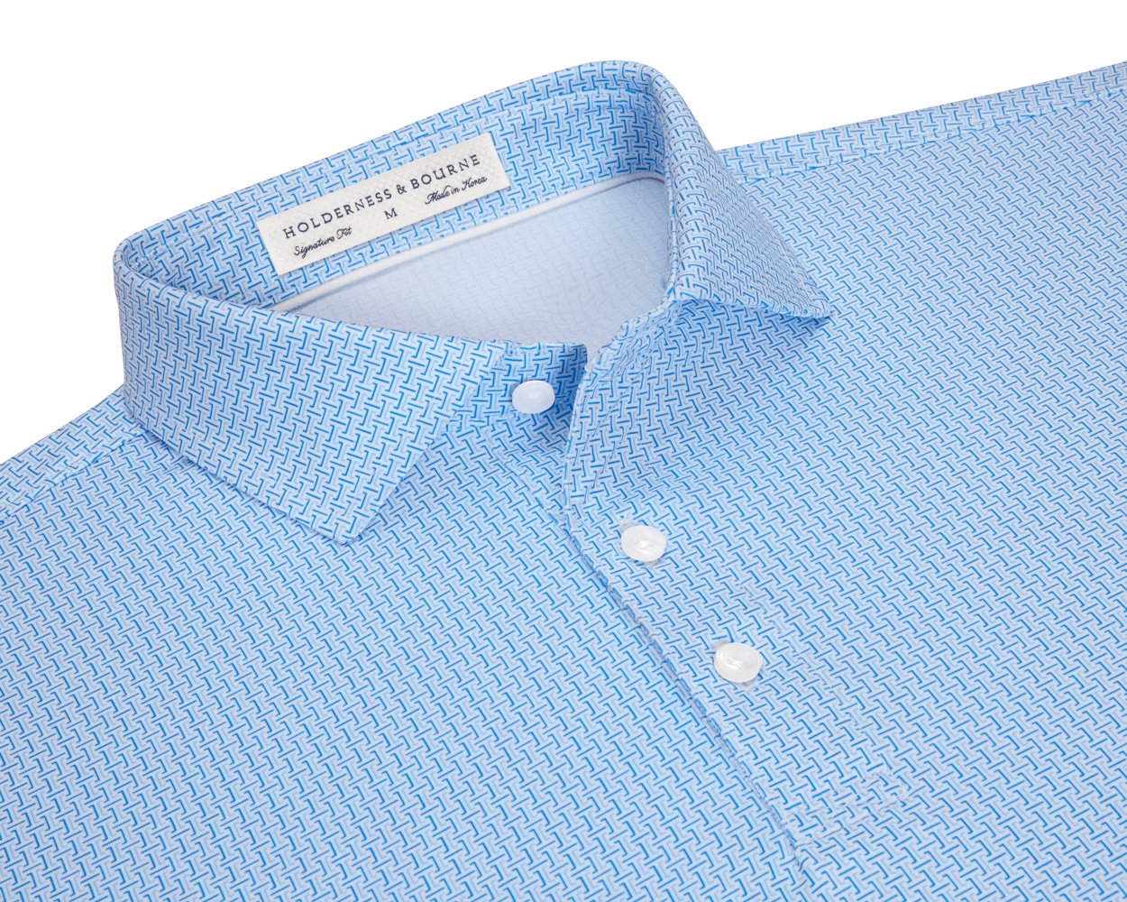 The Norwood Shirt: Vista Blue & Horizon Blue, features a folded geometric weave pattern, structured spread collar, visible buttons, and Holderness & Bourne label inside.