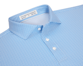 The Norwood Shirt: Vista Blue & Horizon Blue, features a folded geometric weave pattern, structured spread collar, visible buttons, and Holderness & Bourne label inside.