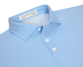 The Norwood Shirt: Vista Blue & Horizon Blue, features a folded geometric weave pattern, structured spread collar, visible buttons, and Holderness & Bourne label inside.