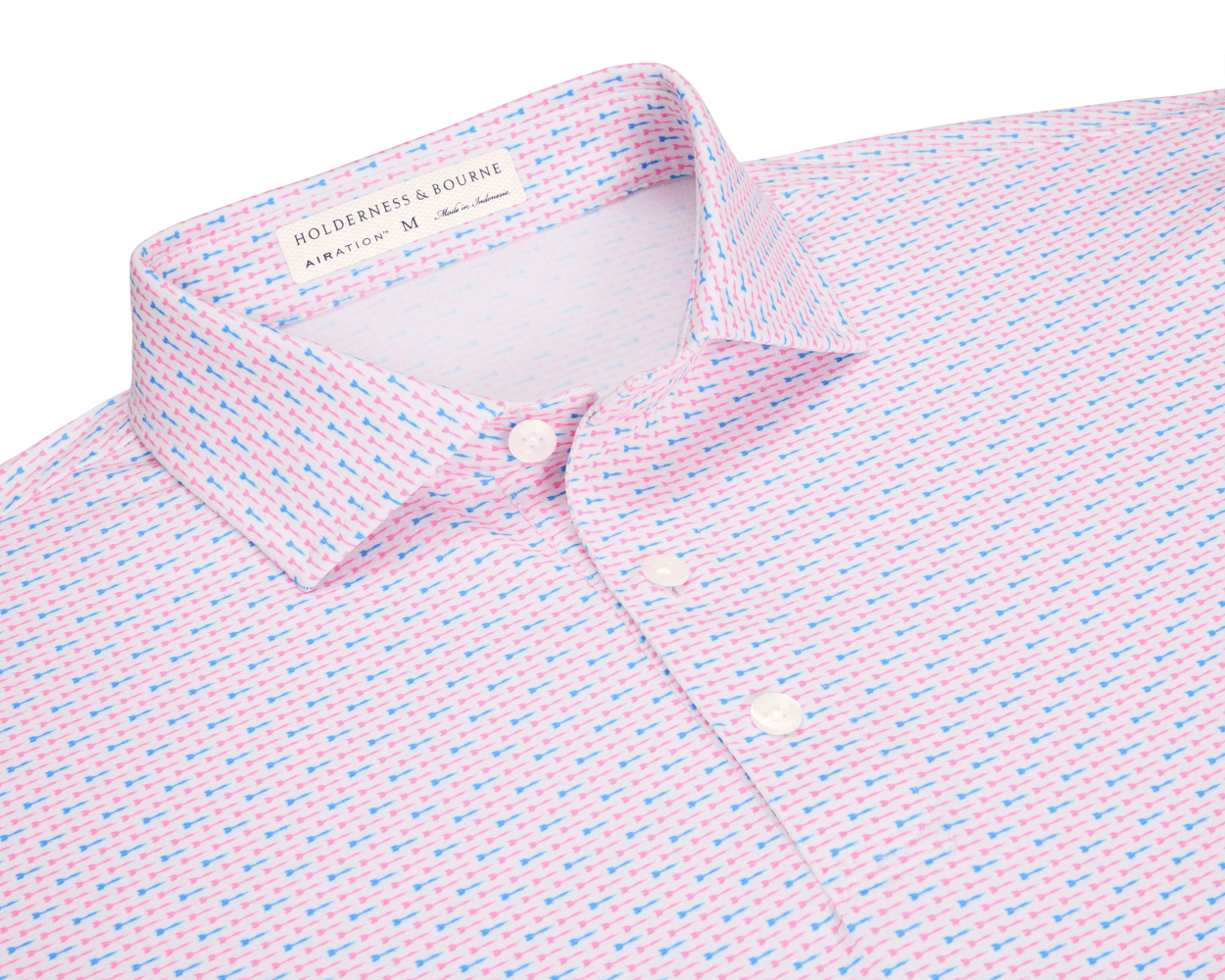 The Cadogan Shirt: Belmont & Horizon Blue, featuring a pink-and-blue dash pattern on white, with a structured collar and breathable AIRATION™ fabric for comfort and sun protection.