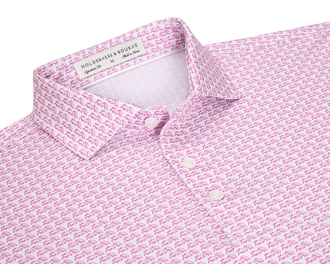 The Berkeley Shirt: Cabernet, a white button-up with pink animal silhouettes, features three buttons, a structured spread collar, and a Holderness & Bourne label inside.