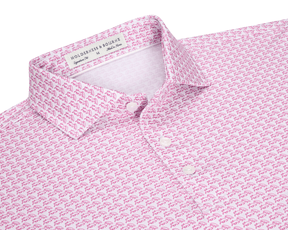 The Berkeley Shirt: Cabernet, a white button-up with pink animal silhouettes, features three buttons, a structured spread collar, and a Holderness & Bourne label inside.