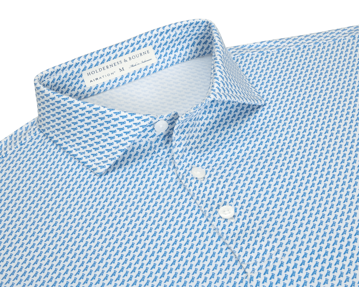The Walton Shirt: Maidstone Blue, a men's white button-down with blue motif, features a pointed collar, three buttons, and HOLDERNESS & BOURNE label.