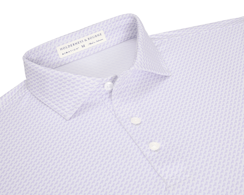 The Walton Shirt: Tudor in light lavender features a classic point collar, three-button placket, and micro-repeating motif, crafted from breathable, stretchy AIRATION™ fabric.