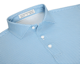 The Lennox Shirt: Harbor & Maidstone Blue, a light-blue polo with geometric pattern, three-button placket, structured collar, offering breathability and UPF 30+ protection.