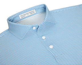The Lennox Shirt: Harbor & Maidstone Blue, a light-blue polo with geometric pattern, three-button placket, structured collar, offering breathability and UPF 30+ protection.