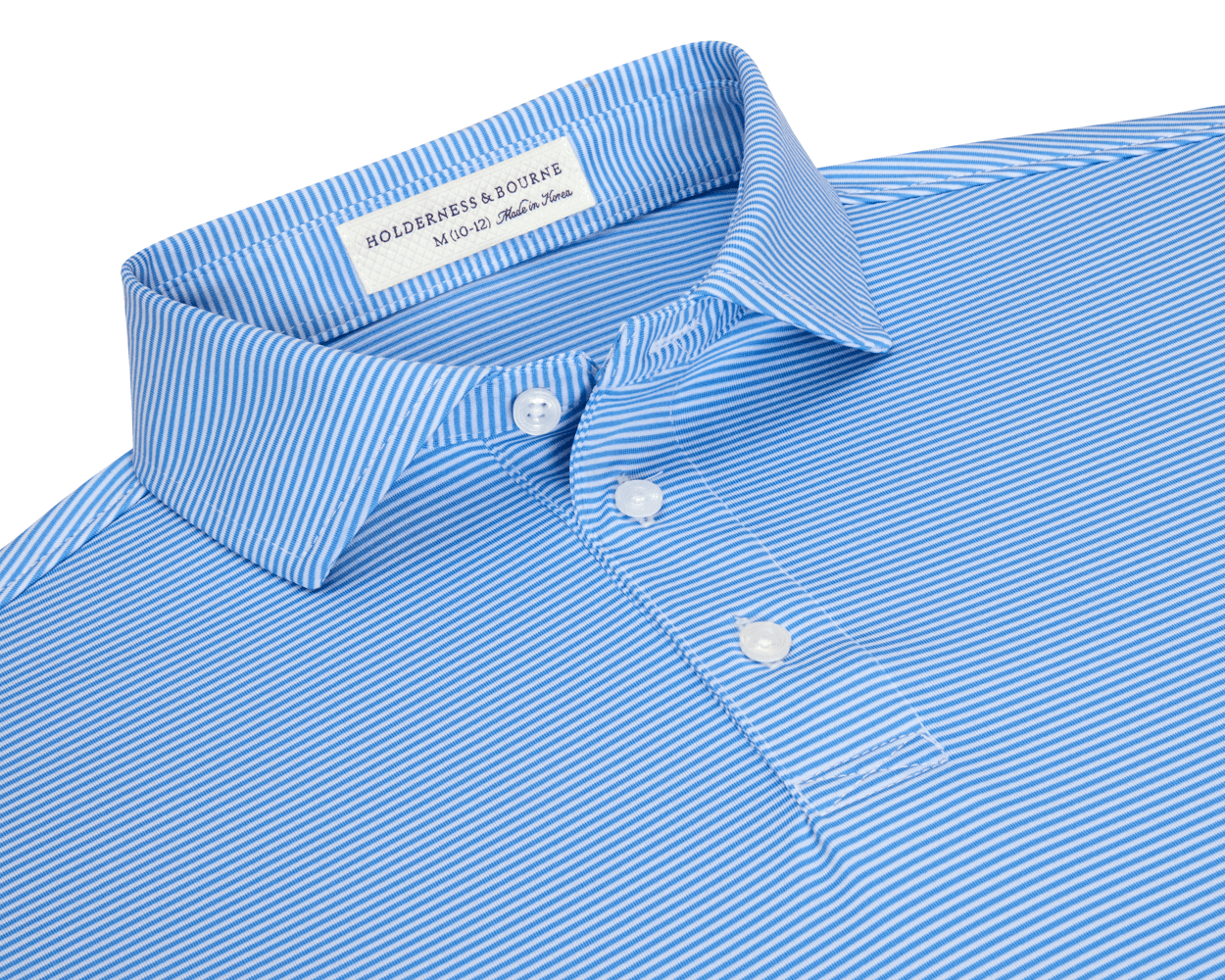 The Perkins Boys Shirt: Horizon Blue & White features a pinstripe design, spread collar, and three-button placket, crafted from breathable, moisture-wicking DryLuxe fabric with UPF 50+ protection.