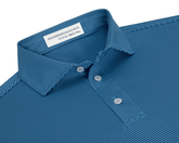 The Perkins Boys Shirt: Maidstone Blue & Harbor features a blue polo-style with white pinstripes, fold-over collar, and three-button placket, crafted from DryLuxe performance fabric.