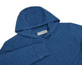 The Wallace Boys Hoodie Sweater: Heathered Maidstone Blue, featuring a jacquard-knit design with ribbed cuffs and side panels, crafted from soft Egyptian cotton.