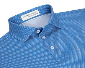 The Hicks Boys Shirt: Horizon Blue—short-sleeve polo with a white dash pattern, classic collar, and three-button placket, offering breathability and UPF 50+ protection.