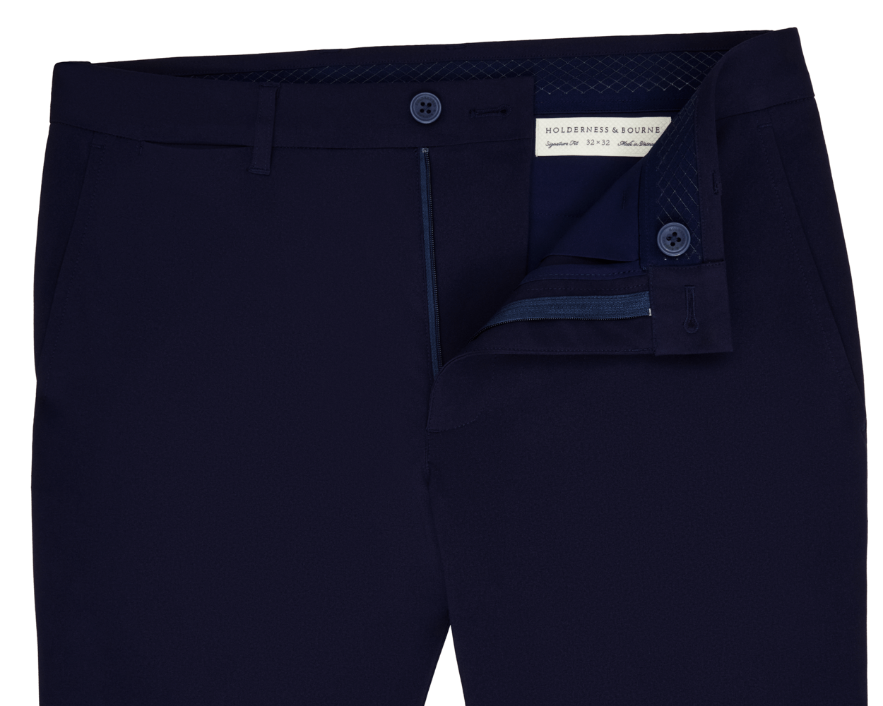 Holderness & Bourne Men’s Navy Dress Pants unbuttoned on white background