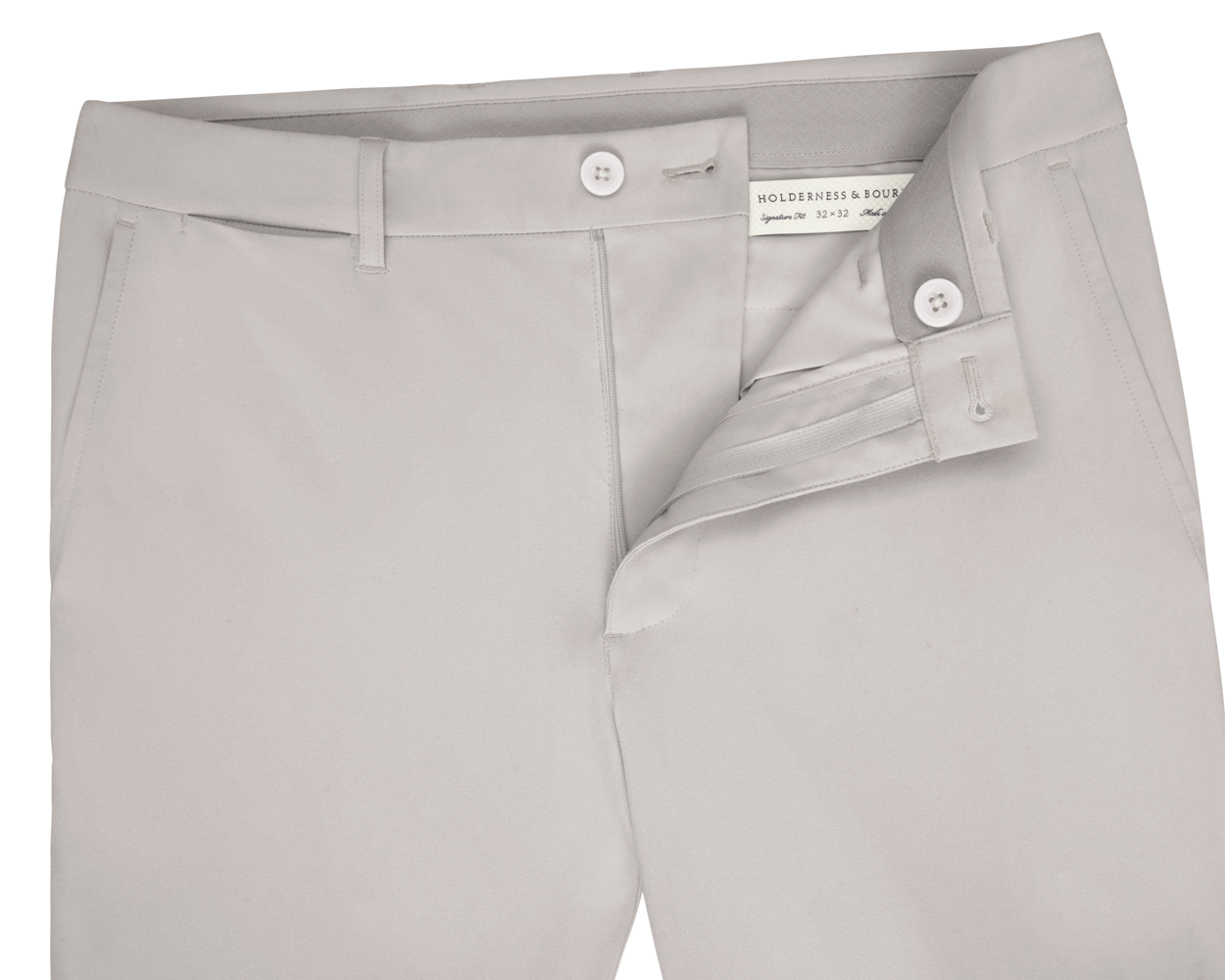 Holderness & Bourne Men’s Light Gray Golf Pants unbuttoned on a white background