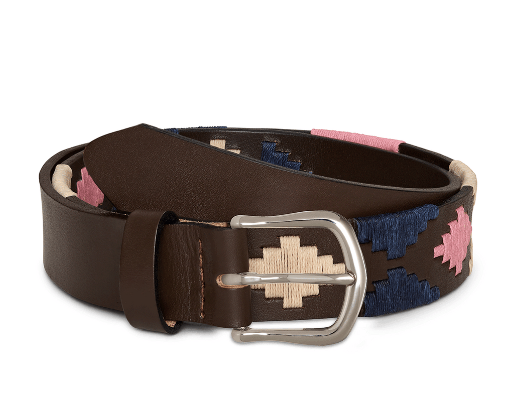 Leather Women’s Belt in Black, Blue, Pink, and Tan Ladies Tooled Leather Belt with Turquoise Edge & Rawhide  main image 4