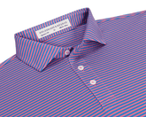 The Maxwell Shirt: Horizon Blue & Belmont, a men's polo with thin diagonal stripes, classic collar, three-button placket, highlighting comfort and performance features.