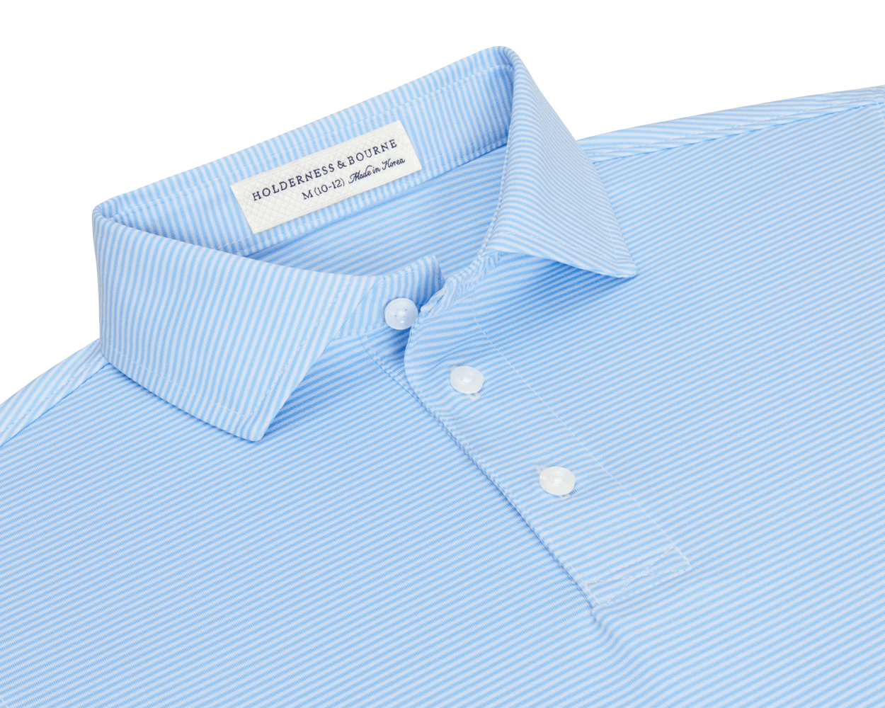 The Perkins Boys Shirt: Vista Blue & White features fine-striped polo design with a pointed collar, three-button placket, and crafted from breathable DryLuxe fabric.