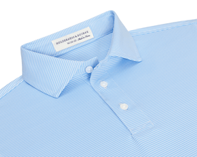 The Perkins Boys Shirt: Vista Blue & White features fine-striped polo design with a pointed collar, three-button placket, and crafted from breathable DryLuxe fabric.