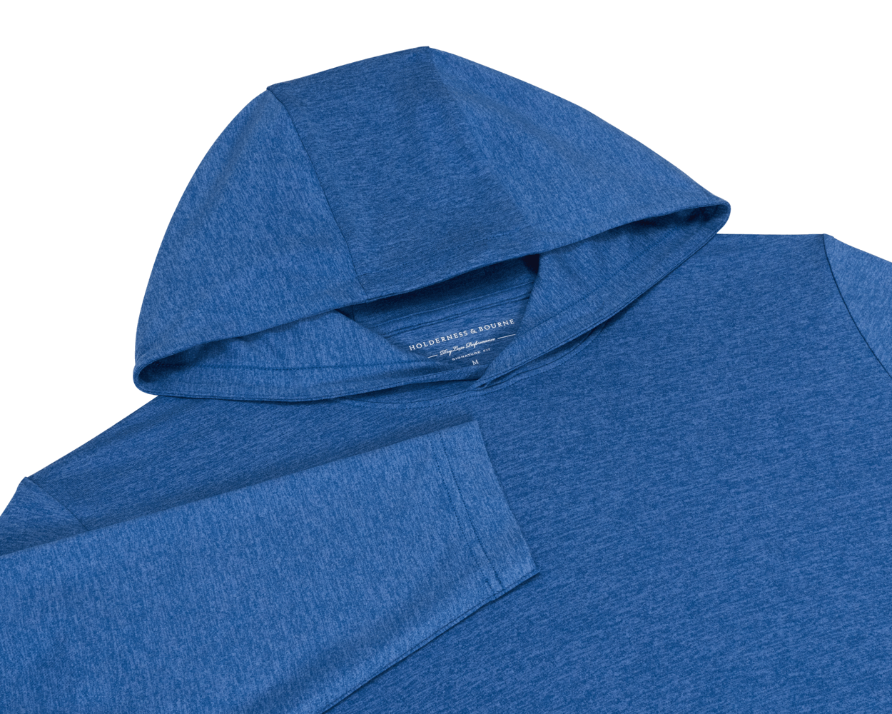 The Stowe Hoodie: Heathered Maidstone Blue, features a hood, part of a sleeve, and the visible Holderness & Bourne label, showcasing its lightweight, ultra-soft design.