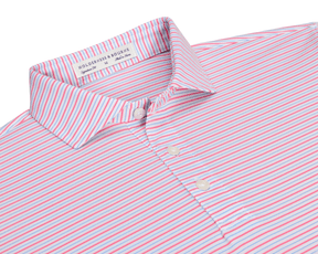 The Granville Shirt: Belmont & Horizon Blue features fine-gauge pink and light blue stripes, a classic point collar, and a performance pique for optimal comfort.