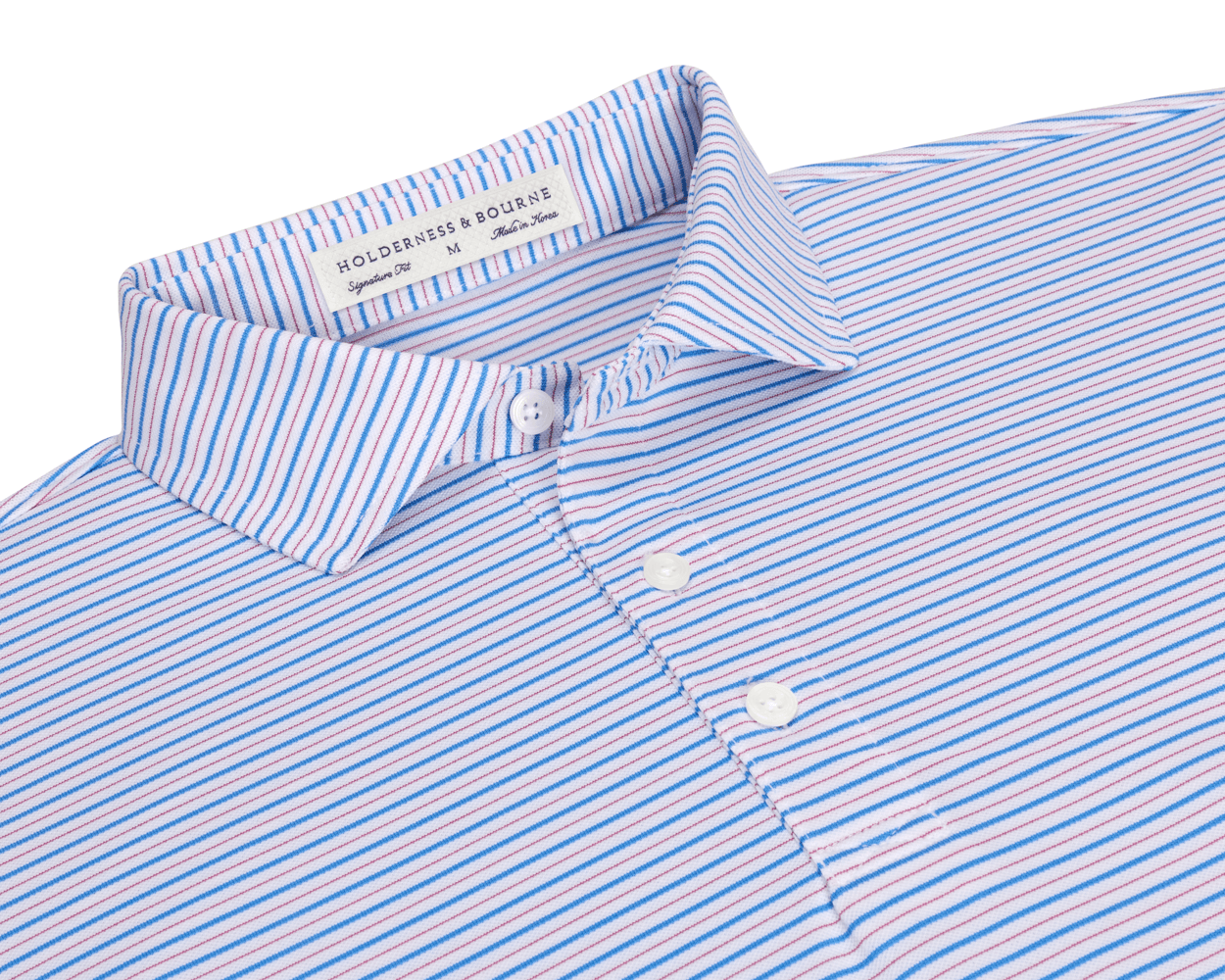 The Granville Shirt: Horizon Blue & Cabernet features a striped, button-front design with a structured collar, offering breathability, moisture wicking, and UPF 30+ protection.