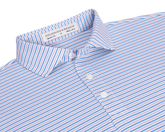 The Granville Shirt: Horizon Blue & Cabernet features a striped, button-front design with a structured collar, offering breathability, moisture wicking, and UPF 30+ protection.